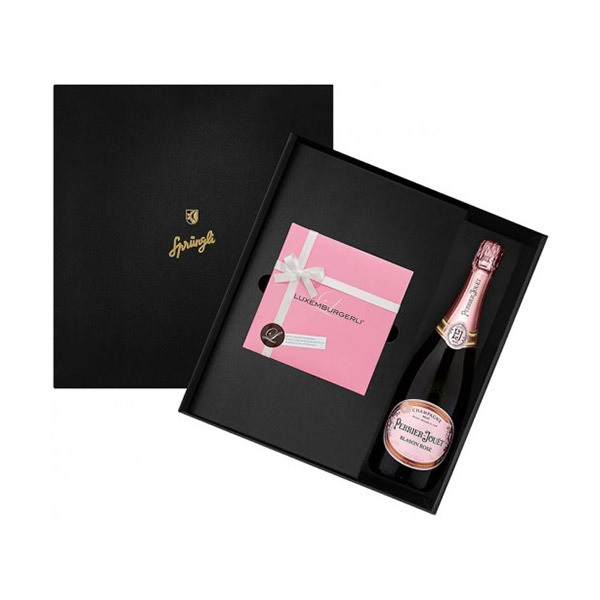 Sprüngli Geschenkpaket Luxemburgerli und Champagner Perrier-Jouët Blason Rosé 75clBild